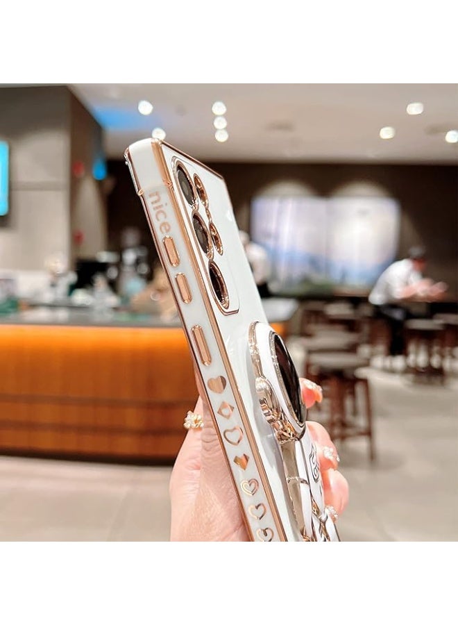 Mmmon Phone Case for Samsung Galaxy S24 Ultra,Luxury Plating Astronaut Stand Holder Phone Casewith Cute Love Heart Side Small Pattern Soft SiliconeShockproof Kickstand Cover Bumper (White) - Image 3